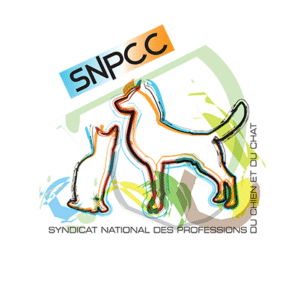 Logo SNPCC, Syndicat National des Professions du Chien et du Chat, avec silhouettes de chien et chat stylisées sur fond abstrait coloré.